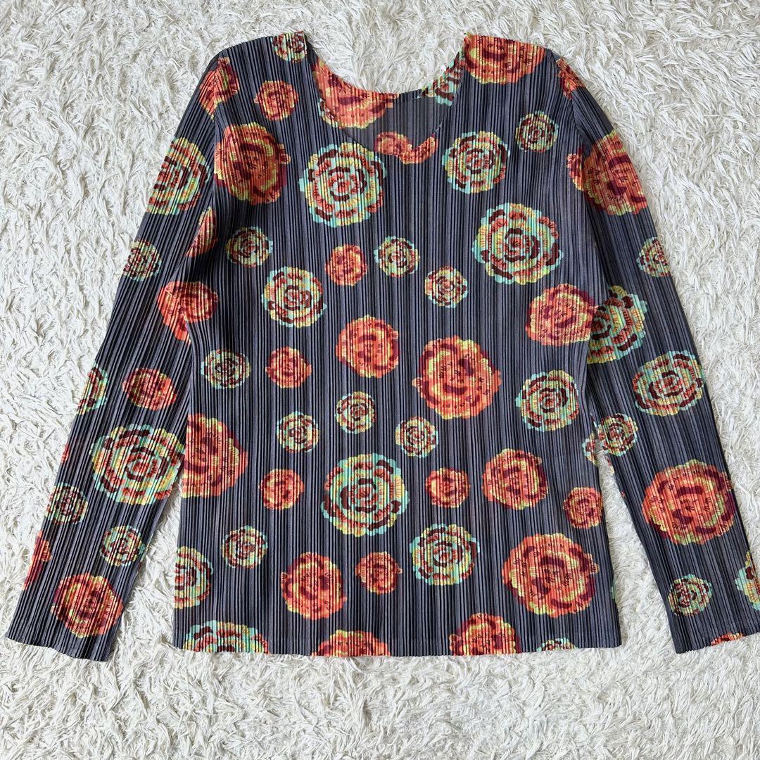 美品 L PLEATS PLEASE ISSEY MIYAKE プリーツプリーズ イッセイミヤケ 薔薇 バラ 花柄 フラワー ボタニカル 長袖 ブラウス拍卖