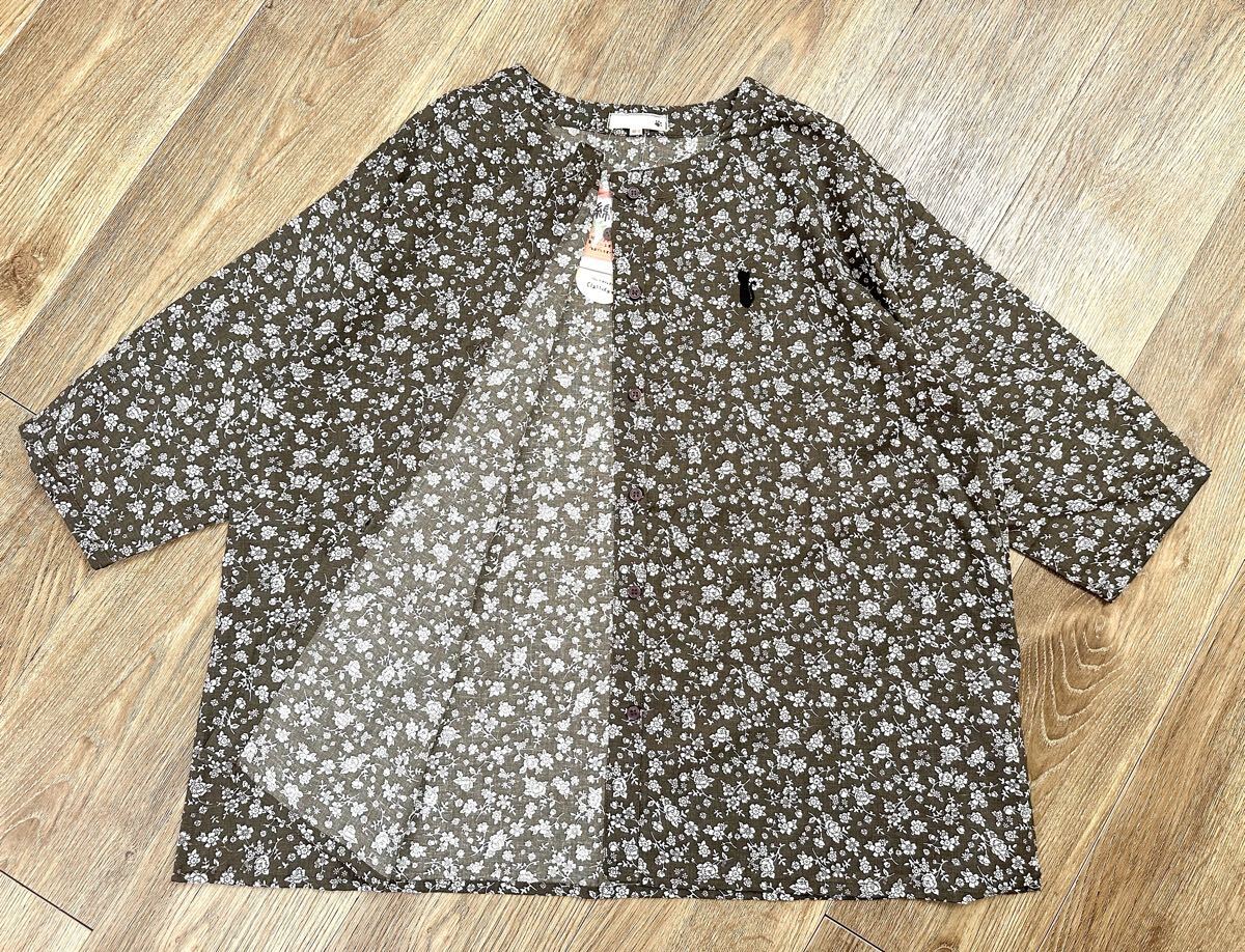 新品 タグ付き 涼しい肌ざわり 猫ワンポイント インド綿 小花プリント前あきブラウス プルオーバー ゆったり M〜Lサイズ 綿100% インド製拍卖