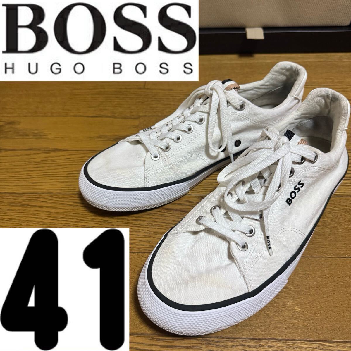 HUGO BOSS ヒューゴボス シグネチャーストライプ コットンキャンバス スニーカー メンズ 靴 26cm 26.5cm ホワイト 白 シューズ 41サイズ 41拍卖