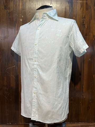 L313 メンズ シャツ JUN CLUB ジュンクラブ 半袖 ストライプ 花 柄 細身 スリム タイト ホワイト ライトブルー / L 全国レターパック配送拍卖