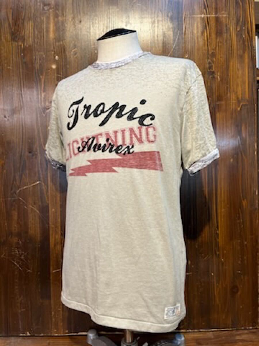 L552 メンズ Tシャツ AVIREX アビレックス 半袖 プリント 刺繍 グレー リンガー トリム アメカジ 古着 / L レターパックライト発送拍卖