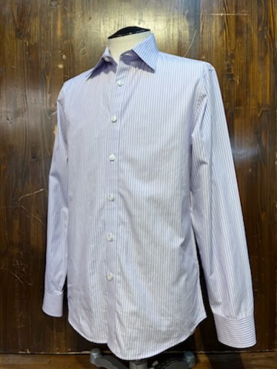 L548 メンズ シャツ theory セオリー 長袖 ストライプ パープル ワイシャツ ビジネス 小さい カジュアル 古着 / S レターパック発送拍卖