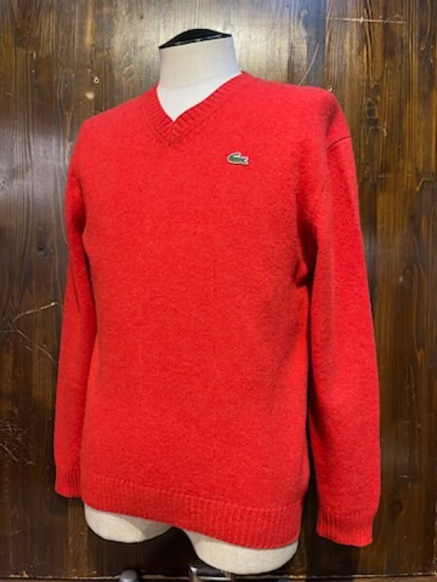 L419 メンズ ニット LACOSTE ラコステ Vネック レッド ウール セーター ロゴ シンプル アメカジ カジュアル 古着 / M (6)拍卖