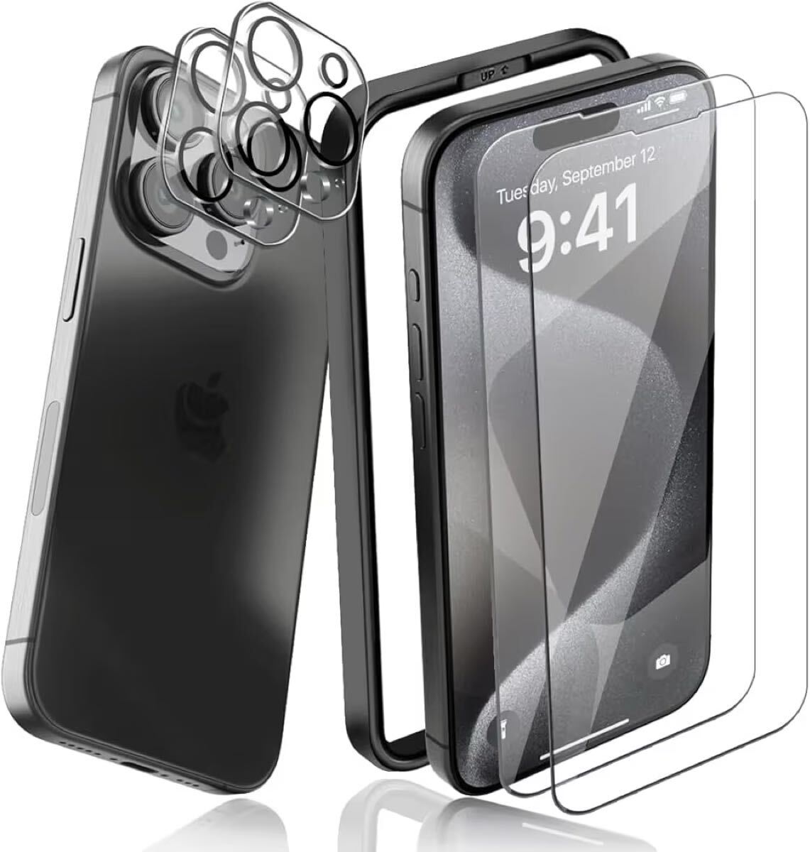 e-831 【2 + 2枚セット】iPhone15 Pro ガラスフィルム 2枚 + カメラフィルム 2枚 日本旭硝子素材採用 ケースに干渉しない【ガイド枠付き】拍卖