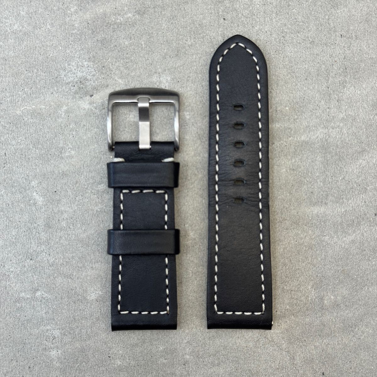 【美品】 ノーブランド◆時計ベルト◆カーフ◆ブラック ベルト ウォッチベルト 腕時計ベルト ホワイトステッチ 白ステッチ 黒 メンズ拍卖
