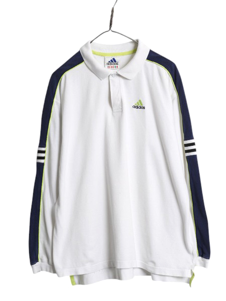90s アディダス 鹿の子 長袖 ポロシャツ メンズ L オールド 長袖シャツ カットソー ラガーシャツ タイプ ワンポイント 3ライン ラグビー 白拍卖