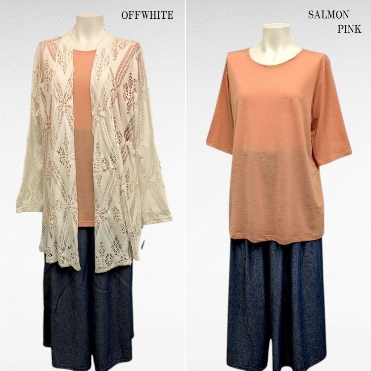即決★さらり涼感シアー素材 レーシーカーディガン&快適Tシャツアンサンブル オフホワイト(+サーモンピンクTシャツ) M-L拍卖