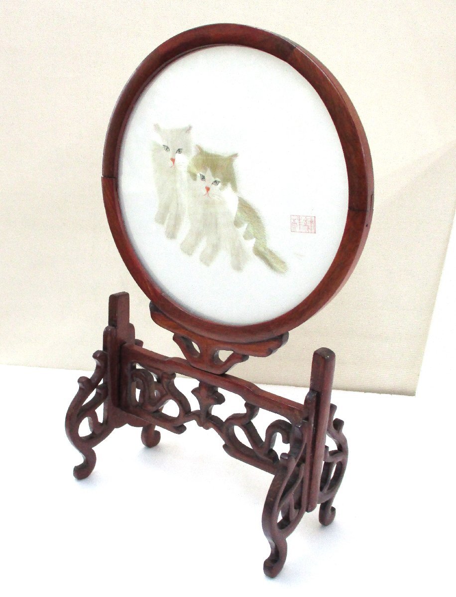 ★ 100855 中国工芸品 刺繍画 猫 両面回転 中国刺繍 幅21.5x奥行11x高さ35.8cm 少々キズ汚れ有 中古 ★拍卖