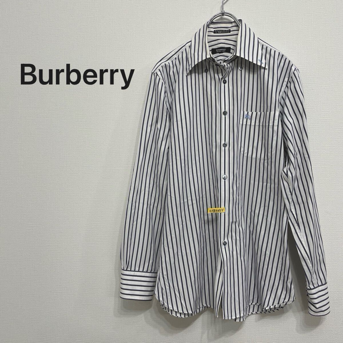 【403】Burberry バーバリー メンズ ストライプシャツ 長袖シャツ ボタンダウンシャツ 白 ネイビー ホースロゴ刺繍 拍卖