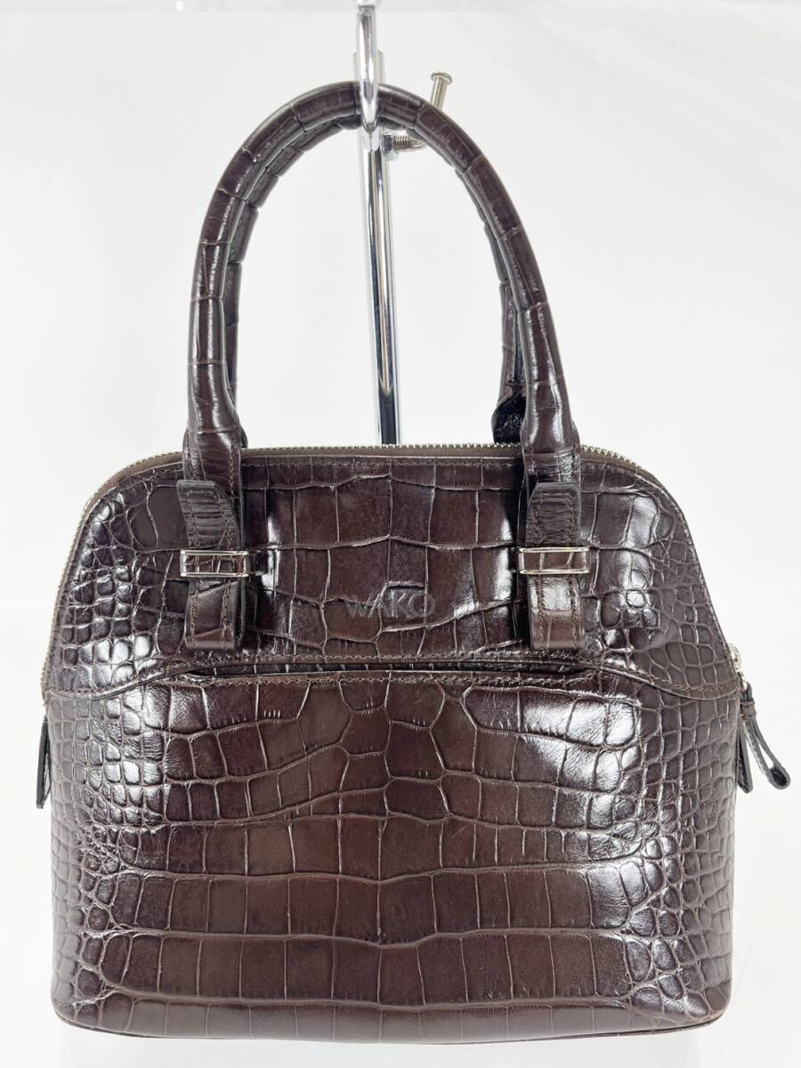 美品 WAKO 銀座和光 ハンドバッグ クロコダイル型押し ブラウン ファスナー レディース 拍卖