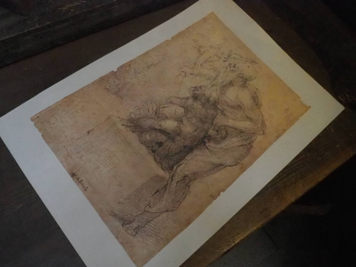 【フランス蚤の市ミケランジェロ印刷画】フィレンツェ額縁デッサン額装デザイン画アンティーク骨董インテリアインダストリアル拍卖