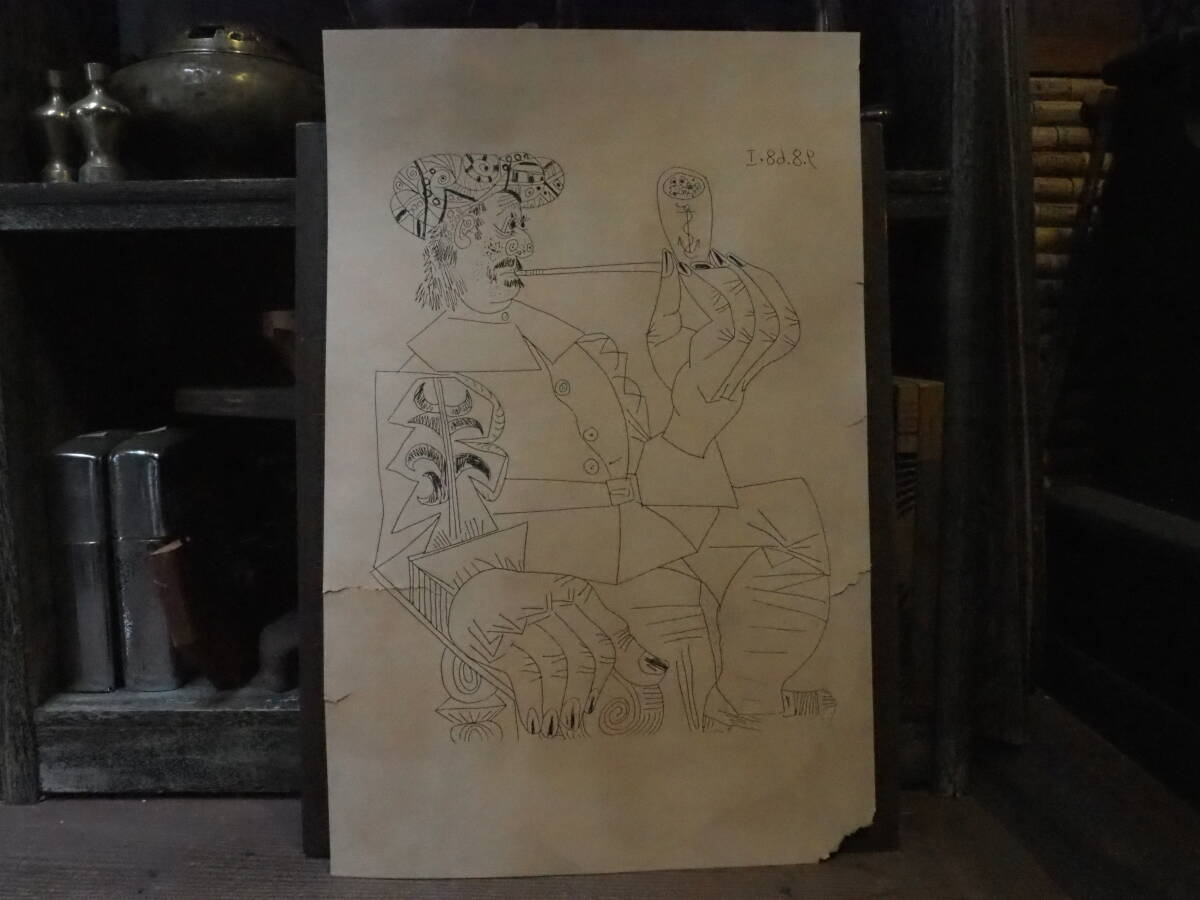 【フランス蚤の市ピカソ印刷画】eau-forteフィレンツェ額縁デッサン額装デザイン画アンティーク骨董インテリアインダストリアル拍卖
