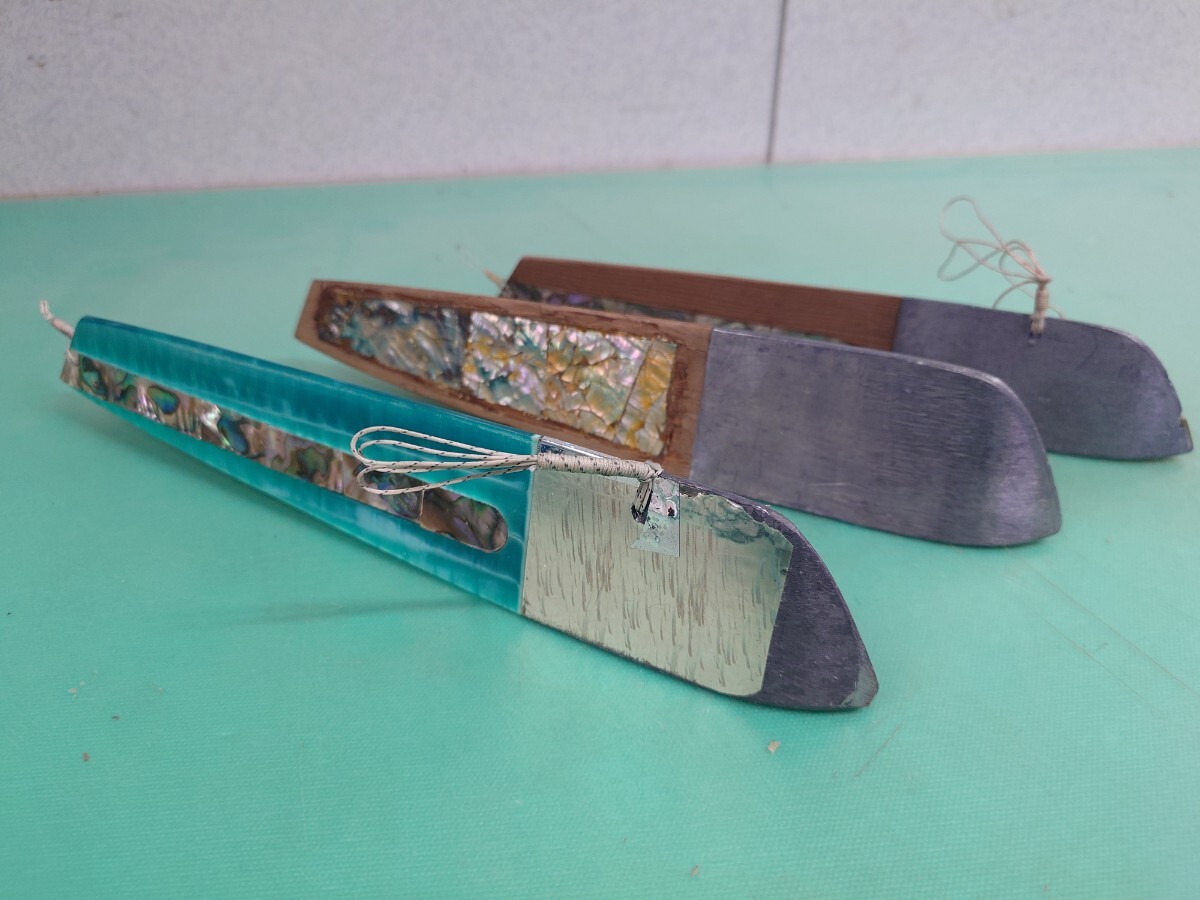 ● G 三角バケ マスタナ グリーン ウッド ゴールド 螺鈿 シェル カラー 824g/947g/598g 船釣り シャクリ サクラマス ヒラメなど 中古品 ③拍卖