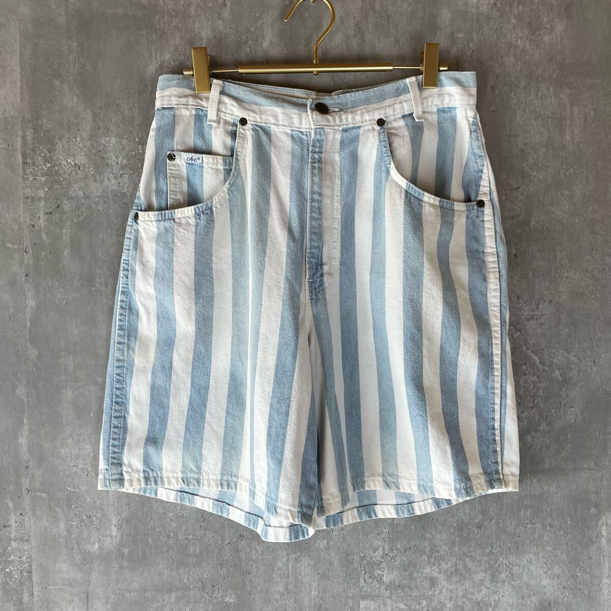 【USA製】chic 80〜90's ライトブルー ショートパンツ Mサイズ相当 古着 ショーツ ボトムス ハーフパンツ アメリカ製 ビンテージ拍卖