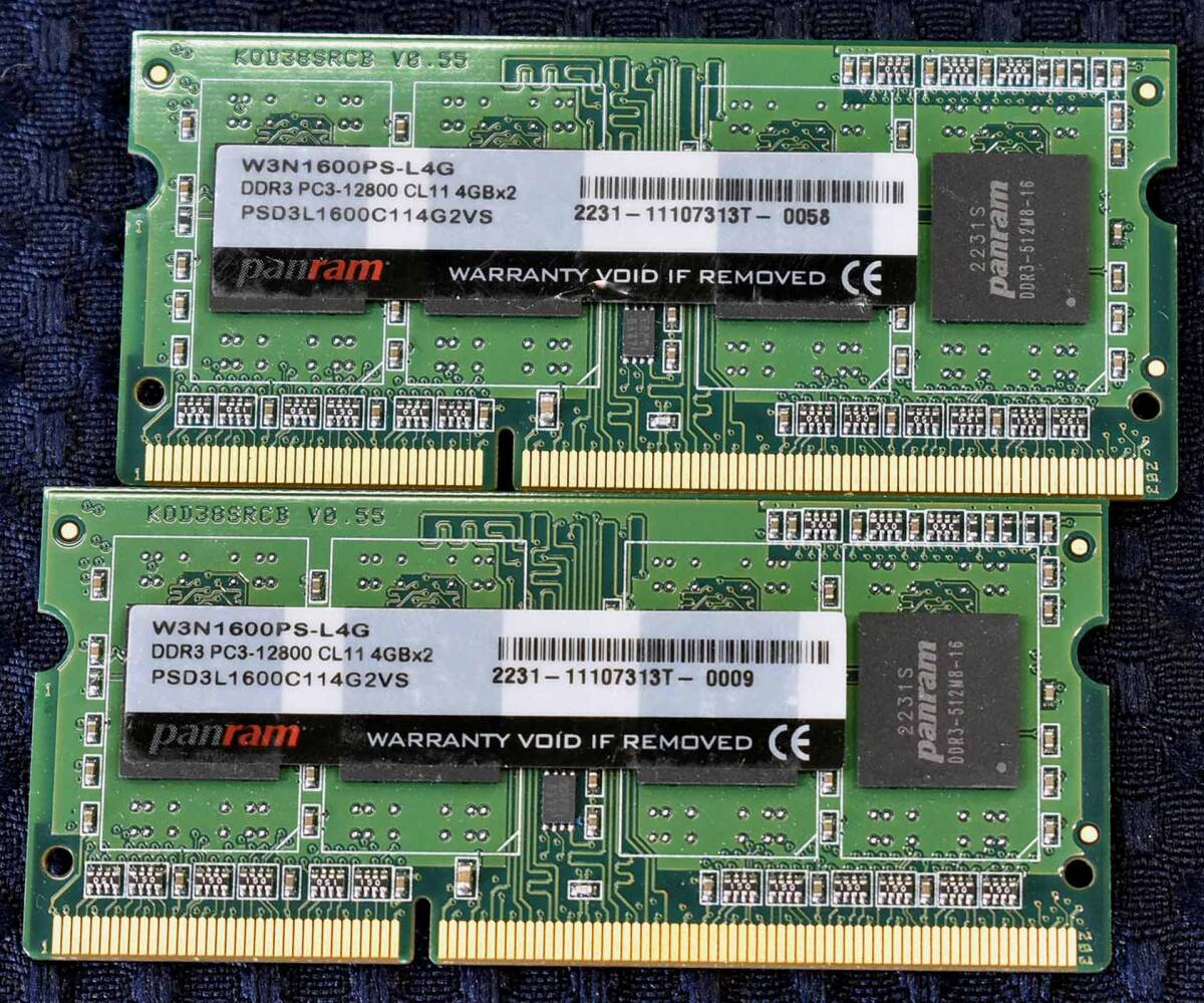4GB 2枚組 (合計:8GB) W3N1600PS-L4G DDR3 PC3-12800 S.O.DIMM ノートPC用メモリ 1Rx8 8chip panram (管:KMN0007 x 1s拍卖
