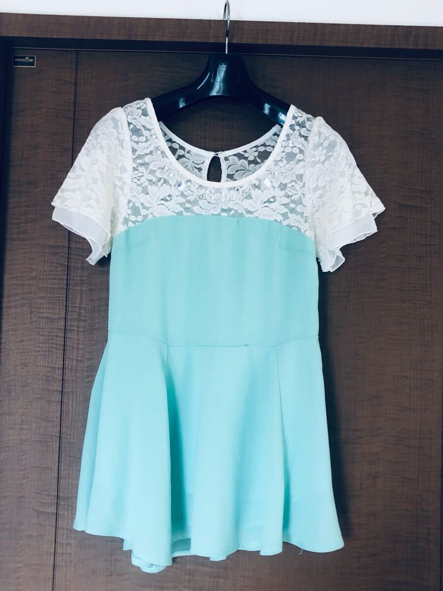 Mサイズ CECIL McBEE ミントグリーンとレースのブラウス 半袖拍卖