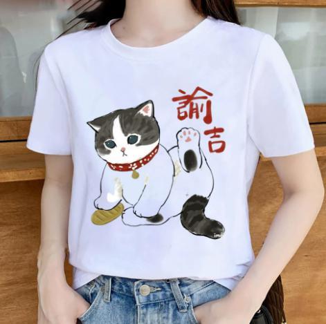 Tシャツ レディース 半袖 猫柄 綿100% 猫 小判 ネコ ねこ トップス (XL)拍卖