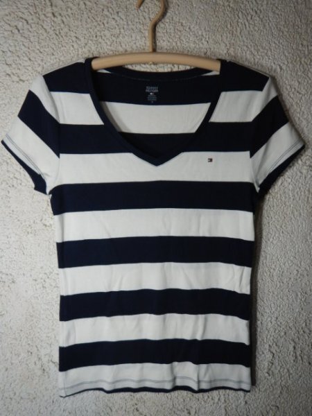 to7666 TOMMY HILFIGER トミー ヒルフィガー レディース 半袖 ボーダー Vネック デザイン tシャツ 人気 送料格安拍卖