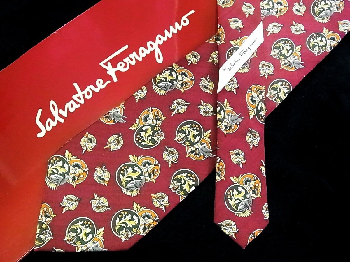♪今週の特売980円~♪2569♪状態並品【FERRAGAMO】フェラガモ【鳥 ペイズリー 植物 柄】ネクタイ♪拍卖
