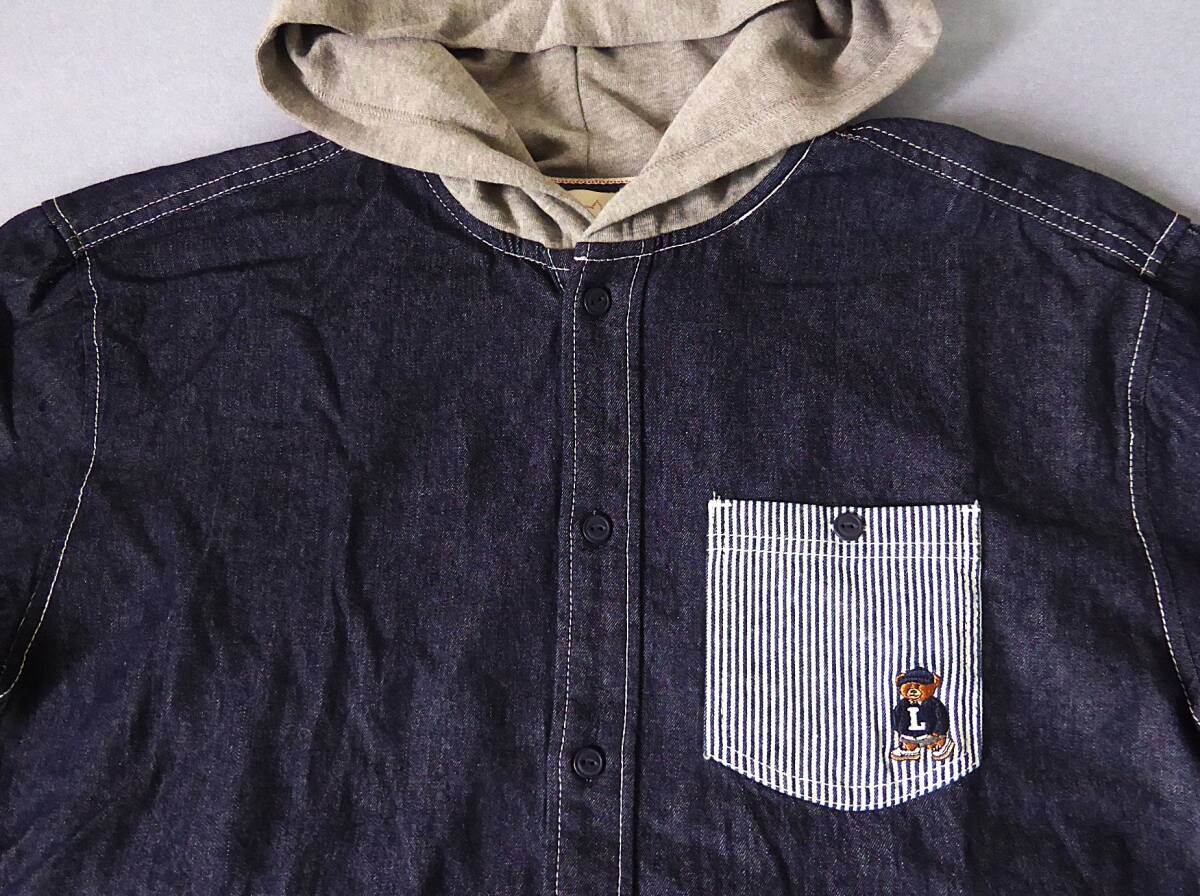 大きめ LOGOS DAYS ロゴス デイズ アウトドア デニム フード付き BEAR 半袖 シャツ L 紺 ①拍卖