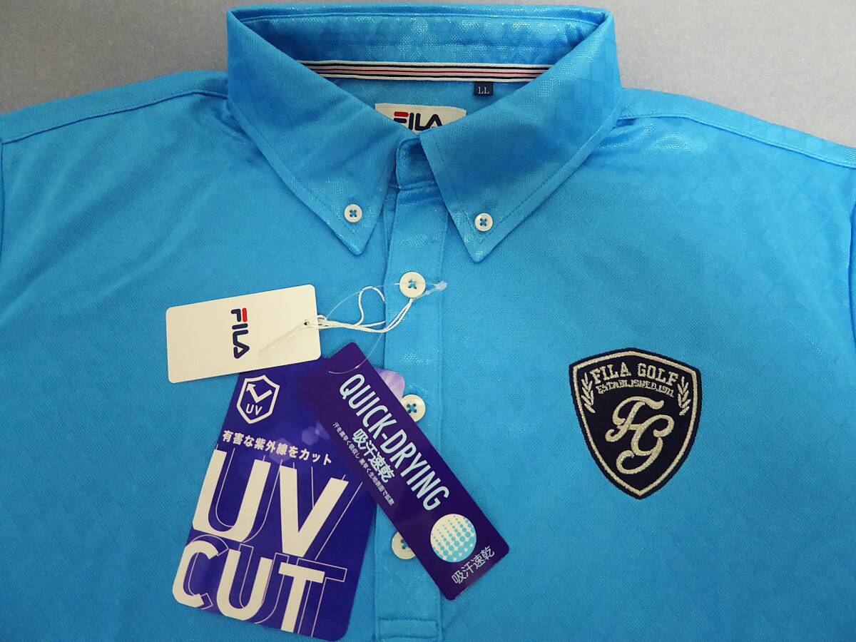 FILA GOLF フィラ ゴルフ エンブレム刺繍ロゴ 吸汗速乾 UV CUT ボタンダウン半袖ポロシャツ LL 青 ①拍卖