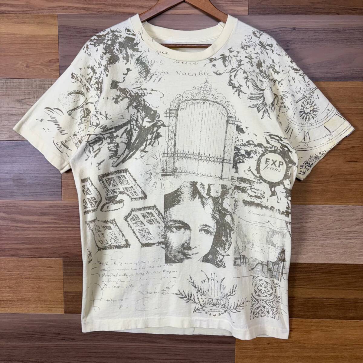 90s ルネサンス期 アート デザイン 総柄 マルチ オールオーバー パターン T-sh Tシャツ サイズ メンズ L位シングルステッチ 古着 r25042556拍卖