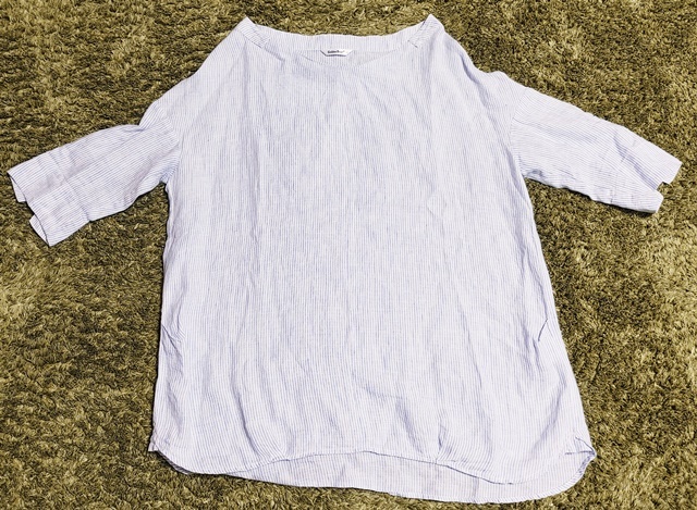 Lサイズ Golden Bear 七分袖 ブラウス ロールアップ 細かいストライプ柄 麻100% 水色×白拍卖