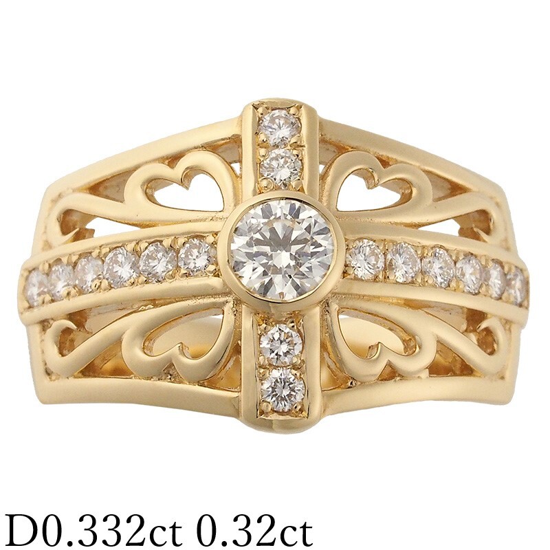 I SI2 EX ダイヤモンド/0.332ct ダイヤ/0.32ct クロス デザイン メンズ リング K18YG 18号 鑑定書付拍卖