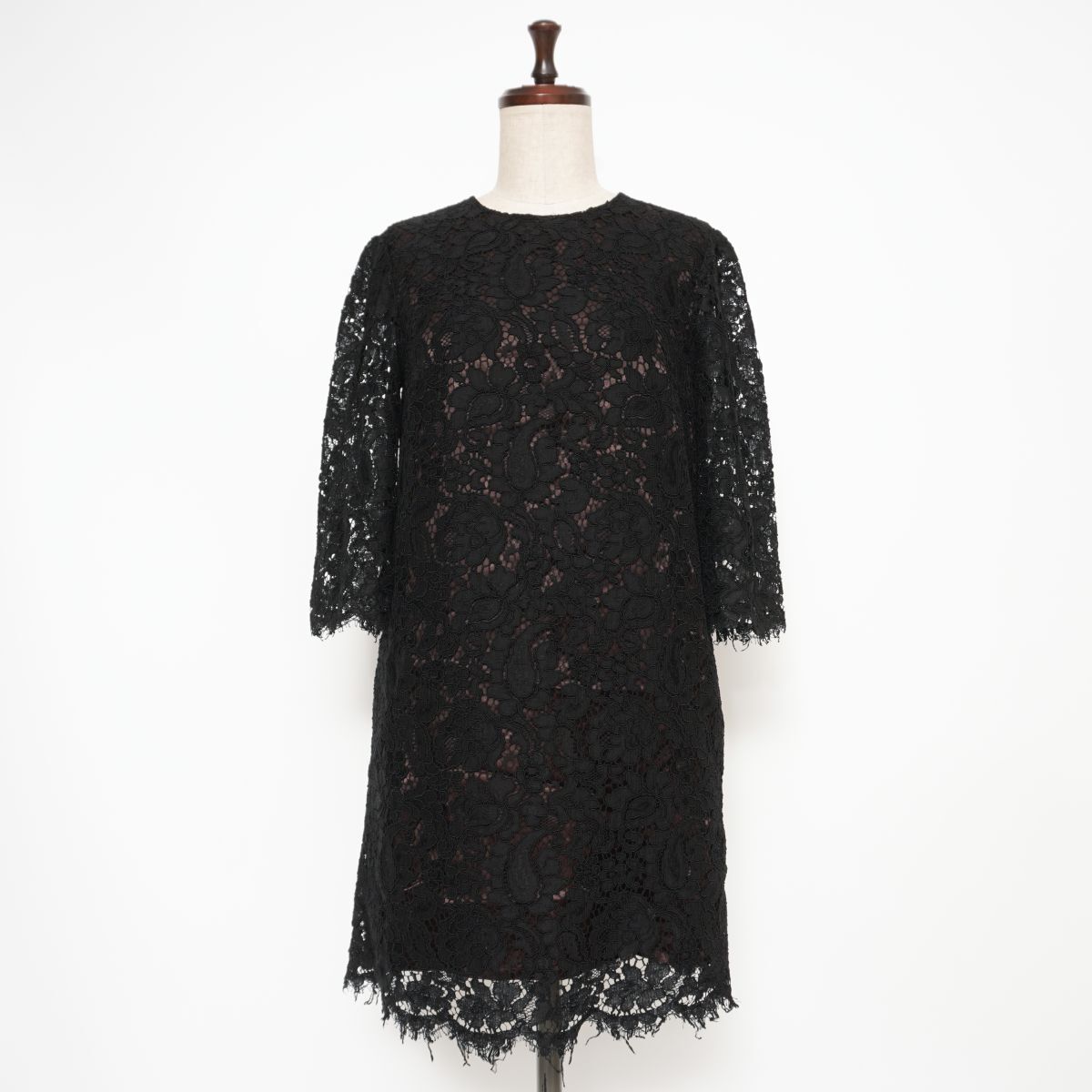 Kaon カオン 総レースIラインワンピース ドレス 膝丈 七分袖 レディース ブラック 黒 サイズS*ED734拍卖