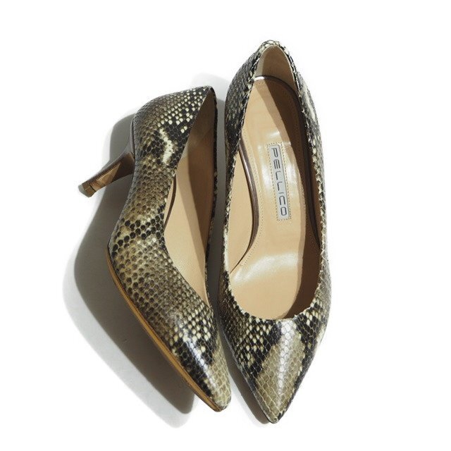 P1536R38 ▼PELLICO ペリーコ▼ ポインテッドトゥ パイソン ヒール パンプス ナチュラル 37.5/24cm イタリア製拍卖