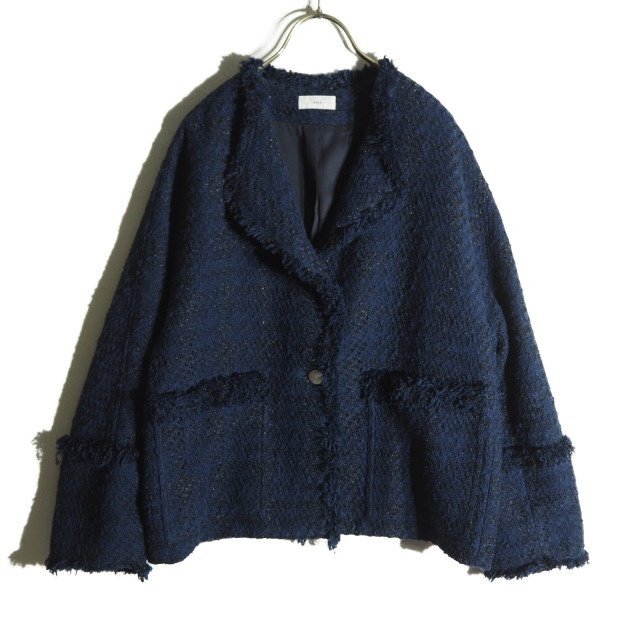 P9120h3 ▼IENA イエナ▼ 24SS &NAVY ネイビーツイードジャケット 36 / 紺 ラメ フリンジ コットン ポリエステル 春~秋拍卖