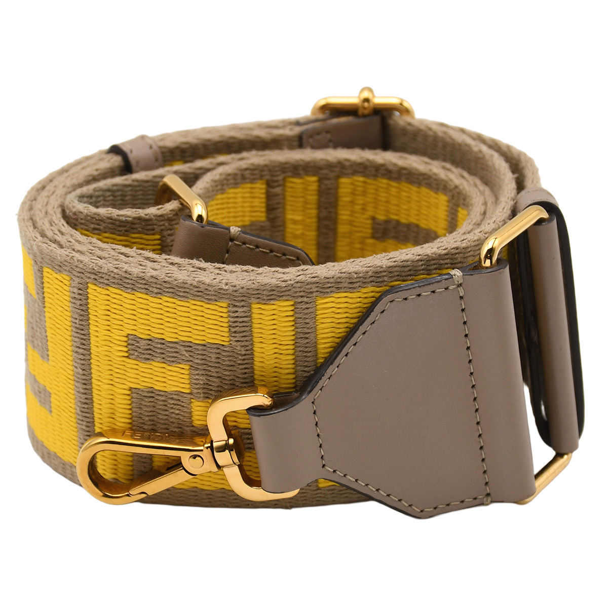 フェンディ FENDI ストラップユー ショルダーストラップ 刺繍 FF ロゴ 8AV134 キャンバス レザー グレー ベージュ イエロー 小物 中古拍卖