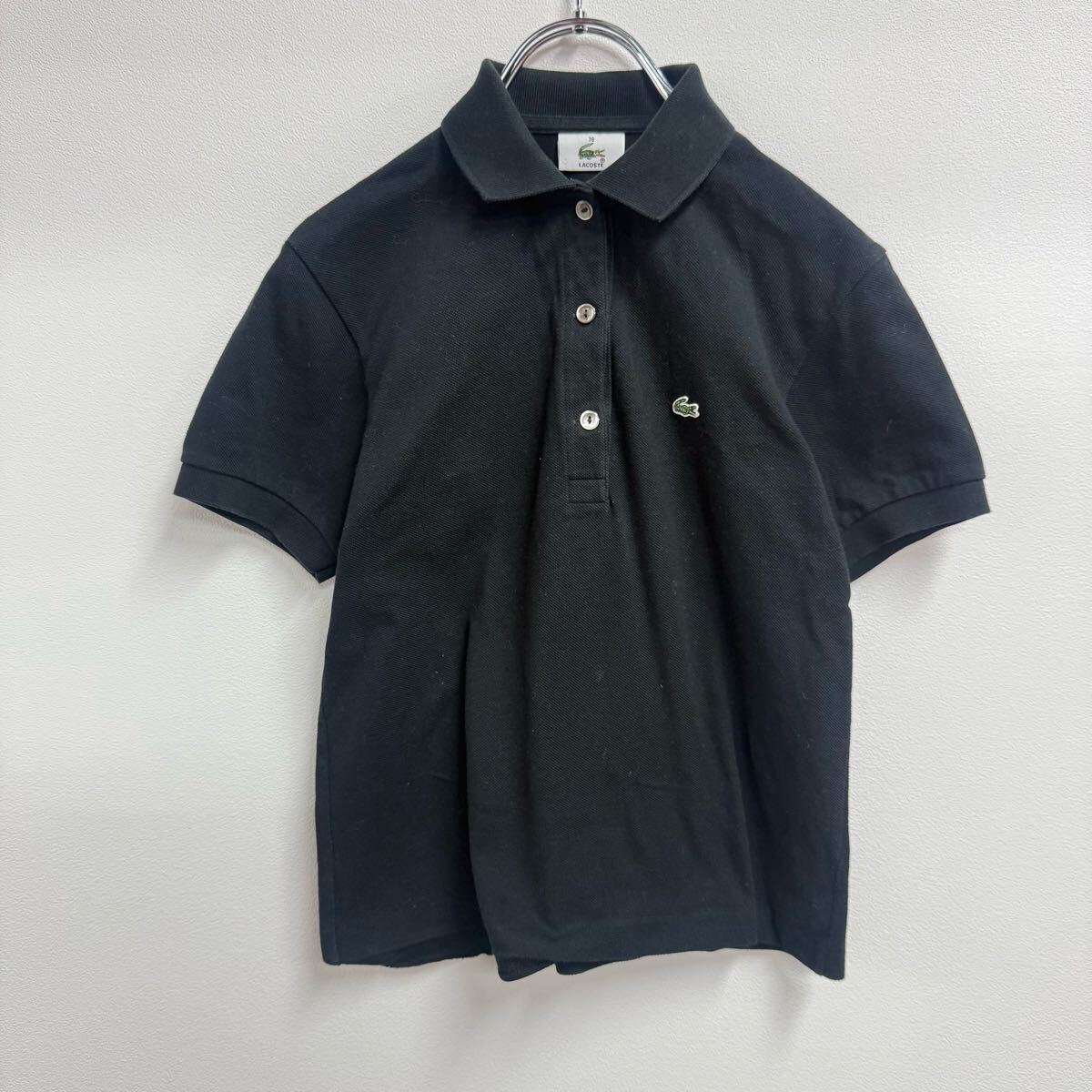 ♪ LACOSTE ラコステ ポロシャツ 半袖 刺繍ロゴ シェルボタン ブラック 38 ワニ ブラック 黒 鹿の子 半袖ポロシャツ拍卖