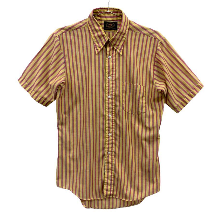 美品◆シャツ キャンパス レギュラーカラーシャツ 60年代 半袖 ストライプ メンズ イエロー&ピンク サイズM CAMPUS NEVER IRON 【AFB28】拍卖