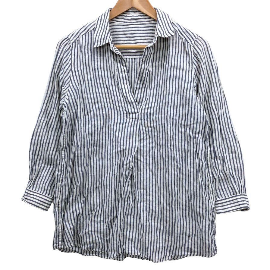 美品◆シャツ フレンチリネン プルオーバー ストライプ リネンシャツ 白×青 サイズM レディース 麻 長袖シャツ french linen 【AFB15】拍卖