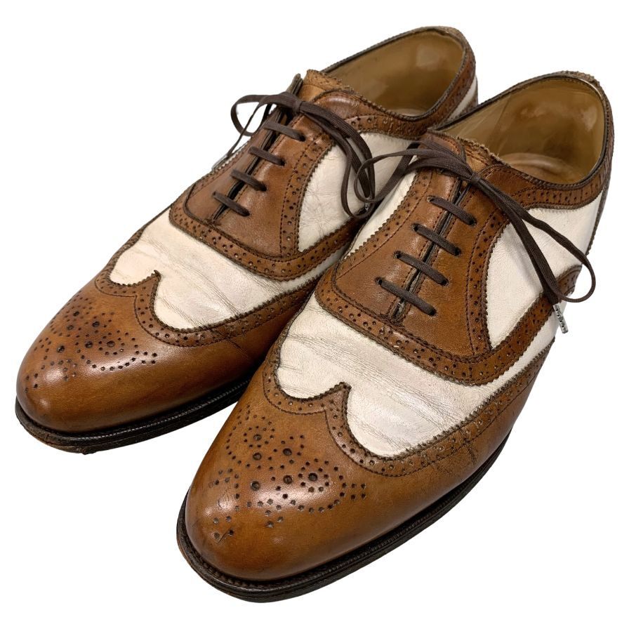エドワードグリーン ビジネスシューズ 23557 ブラウン×ホワイト 8ハーフD メンズ 革靴 メダリオン フルブローグ【LA】【中古】拍卖