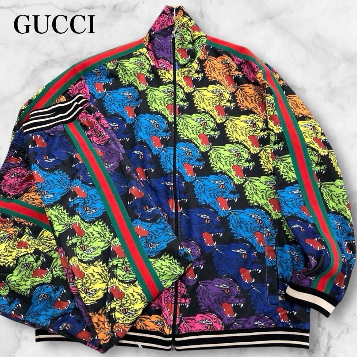 美品●GUCCI グッチ パンサーフェイス シェリーライン セットアップ テクニカル ジャージ トラックジャケット 総柄 マルチカラー メンズ拍卖