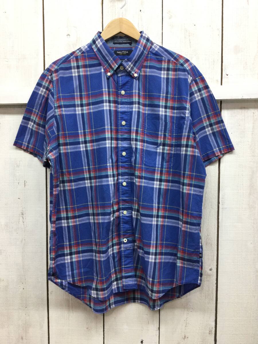 NAUTICA ノーティカ コットン半袖シャツ チェックシャツ 胸ロゴ メンズL 良品綺麗 拍卖