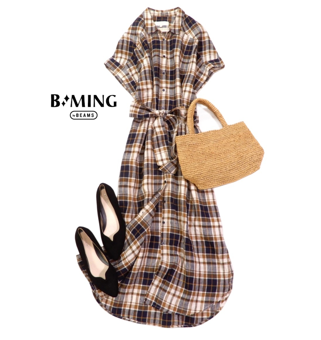 ビーミング B:MING by BEAMS ビームス 大人可愛い☆ 上質 ハードマンズリネン 麻 チェック ロング ワンピース S 羽織にも拍卖