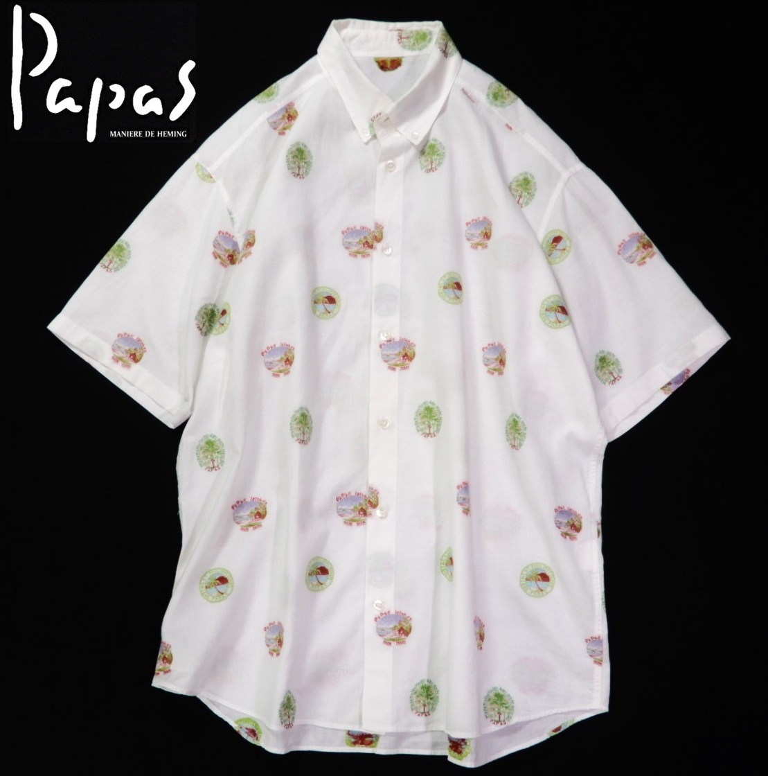 パパス Papas island スタンプ柄 ボタンダウン リネン コットン シャツ 48 M拍卖