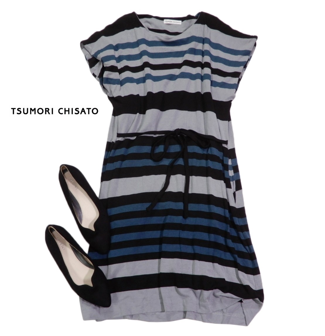 ツモリチサト TSUMORI CHISATO 大人可愛い☆ ボーダー ウエストリボン デザイン ワンピース 2拍卖