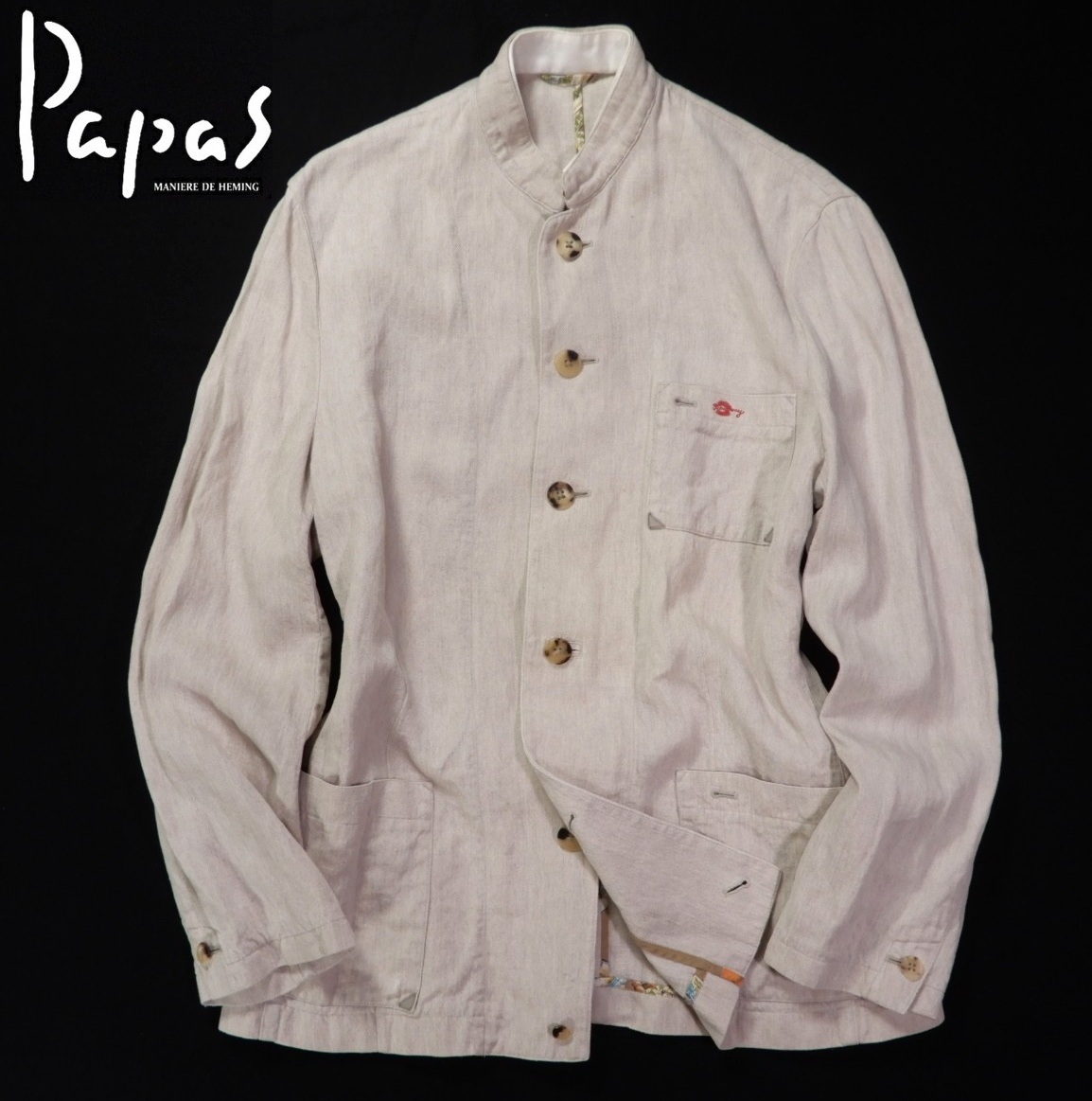 パパス Papas 上質◆リネン100% スタンドカラー ジャケット 46 S ~M程度 ゆったり目拍卖