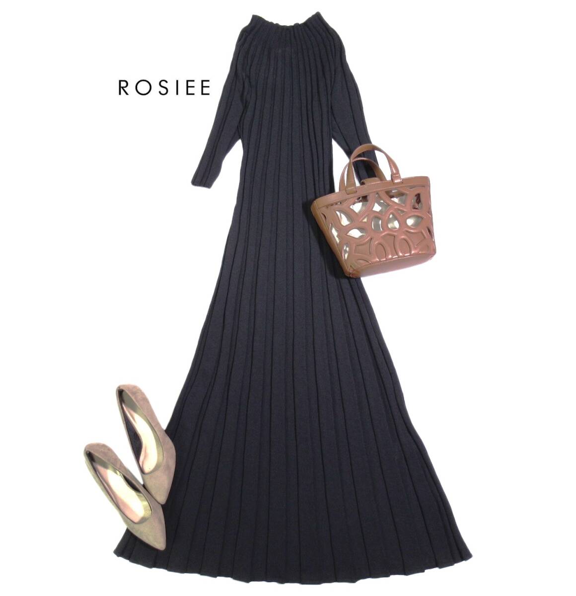 未使用 ロージー ROISEE 1.4万 大人素敵スタイル☆太リブ ホールガーメント Aライン ワンピース FREE拍卖