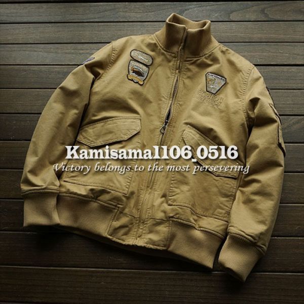 G893※M(S程度)/新品★KALD ベージュ メンズ 刺繍ワッペン ミリタリーMA-1 裏ボア ジャケット フライトブルゾン ジャンパー拍卖