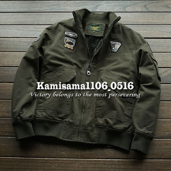 G891※XXL(L程度)/新品★KALD 緑 メンズ 刺繍ワッペン ミリタリーMA-1 裏ボア ジャケット フライトブルゾン ジャンパー拍卖