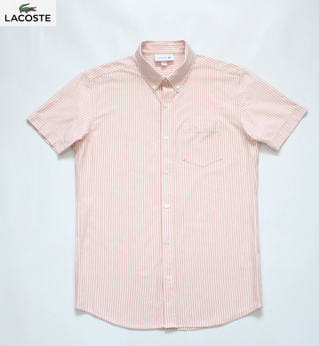 【 LACOSTE ラコステ 】接触冷感 チョークストライプ 半袖 ボタンダウンシャツ FR 3 US S ピンク PH751EL 定価\14,000 コットン フランス拍卖
