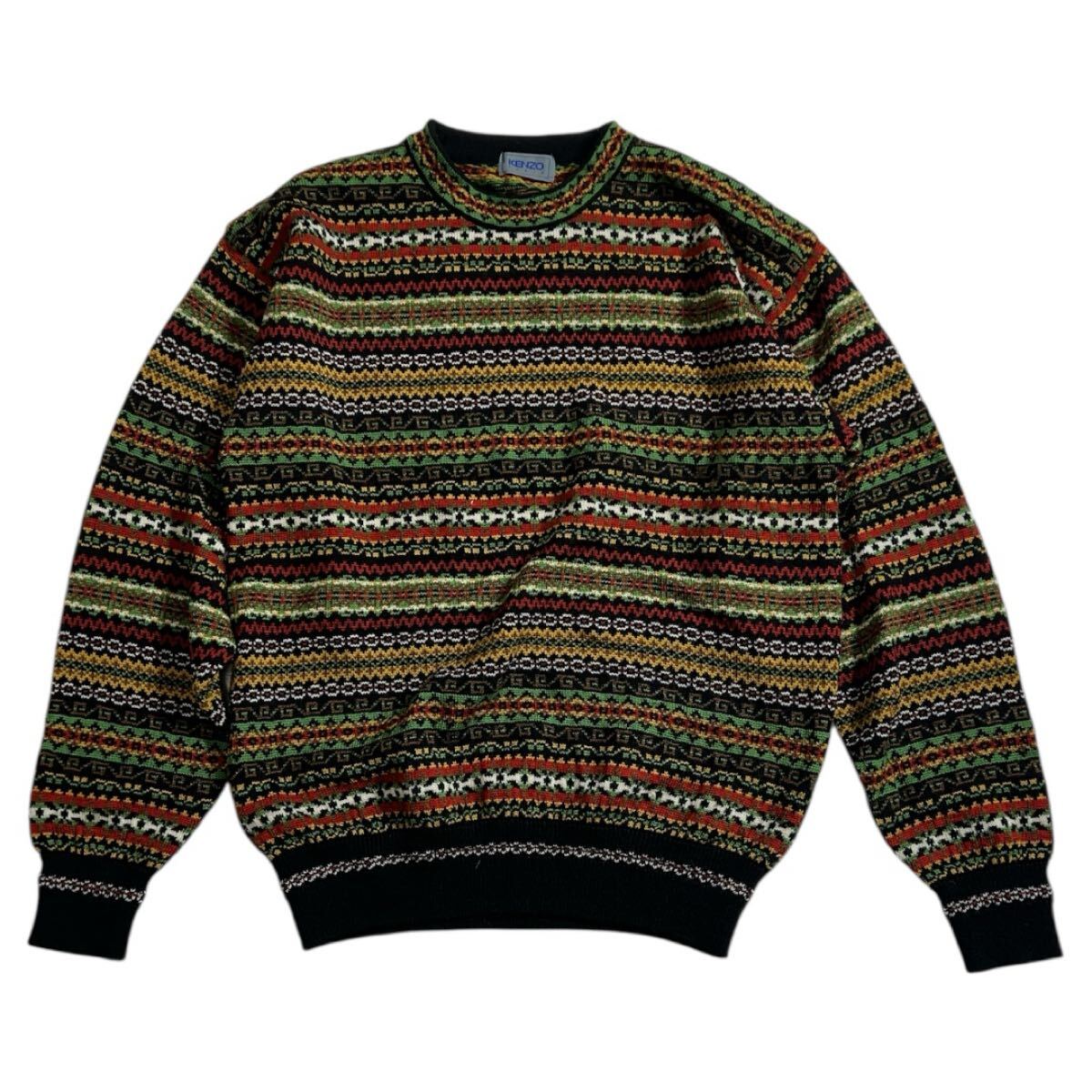 ■ KENZO PARIS ケンゾー ■ ネイティブ ボーダー柄 ウール ニット セーター マルチカラー拍卖