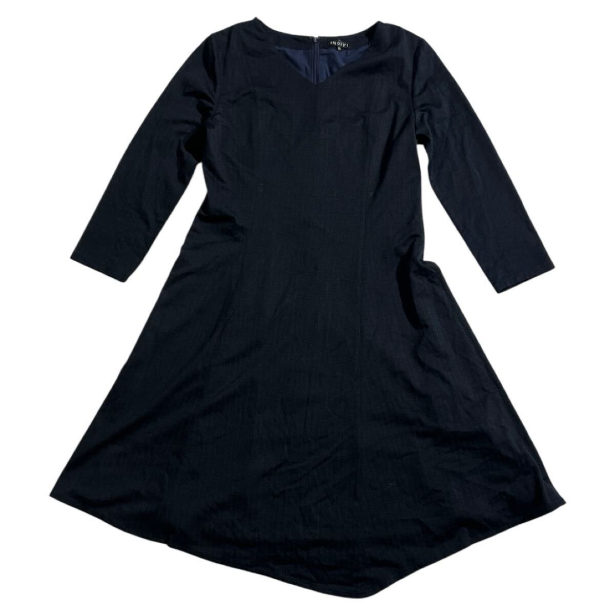 ■ INDIVI インディヴィ ■ ピンストライプ柄 ロングスリーブ ウール混 ひざ丈 ワンピース ネイビー 38拍卖