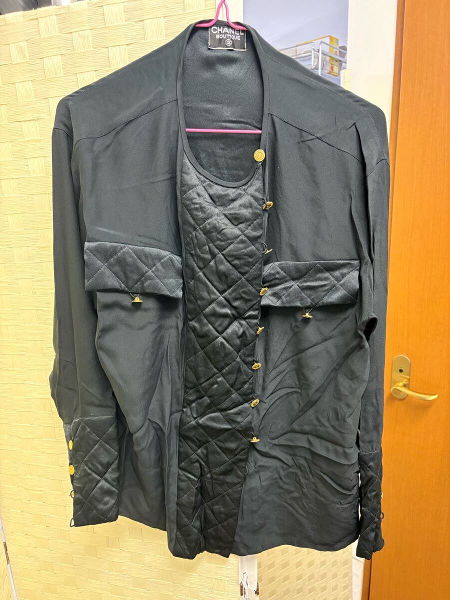 50530153 ヴィンテージ CHANEL シャネル マトラッセモチーフ シャツ  トップス 長袖 黒 ブラック 金ボタン アンティーク拍卖
