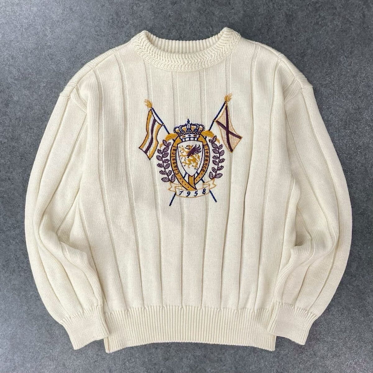 日本製 90s 00s Vintage JUN MEN ジュンメン 長袖 リブニット セーター クルーネック ワッペン 刺繍 オフホワイト ヴィンテージ メンズ拍卖